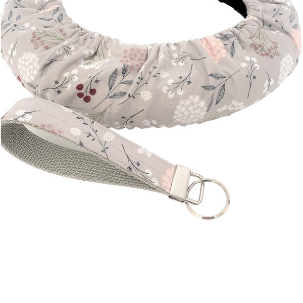 Gray Floral Boho Cotton Steering Wheel Cover-Anti Slip, Custom Fit, Lined in Flannel-Matching Keychain