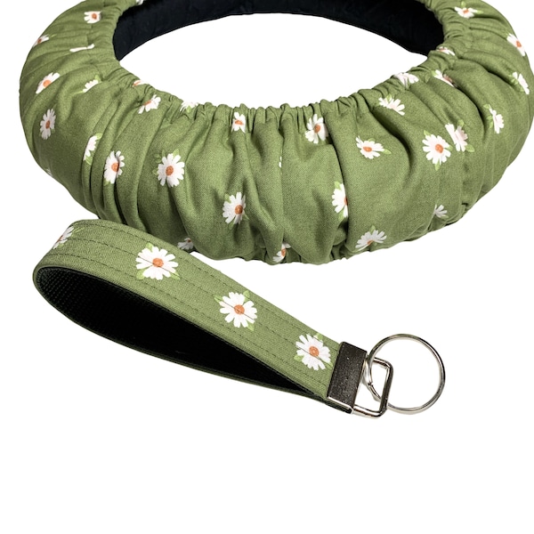 Daisy Green  Cotton Car Steering Wheel Cover-Custom Fit, Flannel Lining, Anti-Slip, Cute Car Accessories