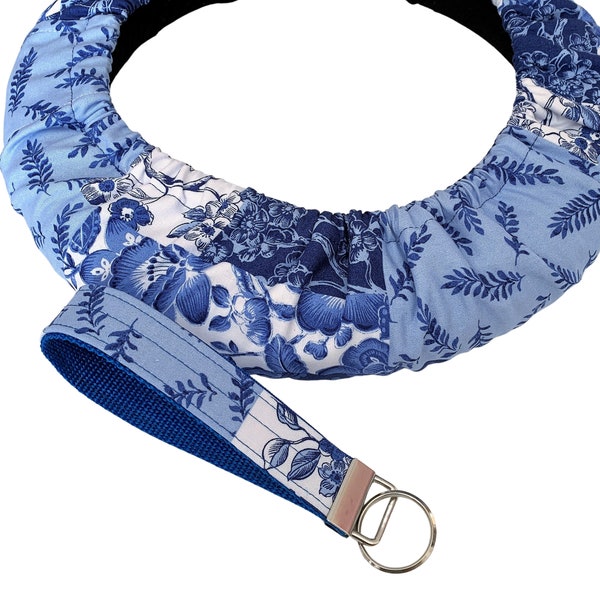 Blue Patchwork Cotton Steering Wheel Cover-Non Slip Grip-Full Flannel Lining for Padding and Comfort-Custom Sized to Your Vehicle