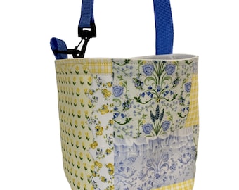 Yellow Blue Patchwork Car Trash Bag-Water Repellent Lining, Swivel Hook Strap, Multi-Use Accessory