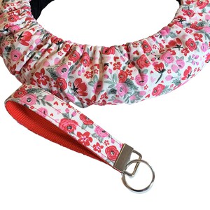 Pink/Red Floral Cotton Steering Wheel Cover-Grip Strips, Flannel Lining, Custom Sized-Keychain, Trash Bag Accessories-Bestie Gift