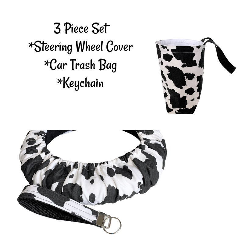 Cow Black & White Cotton Steering Wheel Cover-Non Slip Grip-Flannel Lining for Padding-Custom Fitted to Your Vehicle-Car Accessory Options SWC + CTB + KC