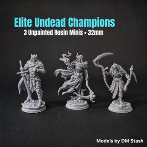May include: Three unpainted resin miniatures of undead champions. The figures are 32mm tall and include a knight with a sword, a figure with a scythe, and a figure with a bow and arrow. The text on the image reads "Elite Undead Champions."