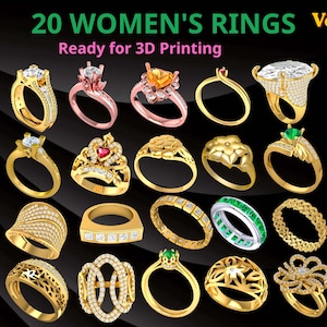 20 Women Rings STL Bundle Vol 05, Printable Models, Luxury Accessories, Gold Silver Designs