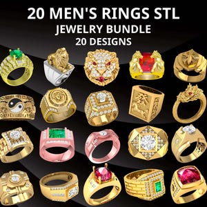 以下が含まれることがあります： ライオン、ドラゴン、幾何学模様など、さまざまなデザインの20個のゴールドトーンリングのコレクション。リングには赤、緑、クリアの宝石が使用されています。上部には「20 RINGS STL JEWELRY BUNDLE 20 DESIGNS」と書かれています。