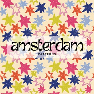 May include: A repeating pattern of colorful, hand-drawn stars in shades of pink, blue, yellow, and orange on a cream background. The word "amsterdam" is displayed in a bold, black font, with "PATTERNS" below it.