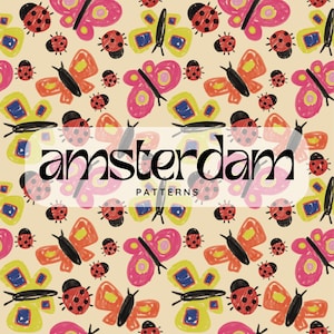 May include: A repeating pattern featuring colorful butterflies and ladybugs in shades of pink, orange, yellow, and black on a beige background. The word "amsterdam" is displayed in a white rectangle, with the word "PATTERNS" below it.