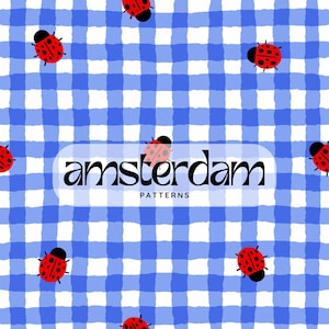 Hand Drawn Ladybug Seamless Pattern PNG, Blue Gingham Digital Paper, Cute Cottagecore Ladybug Repeat, 12x12 Scrapbook Background