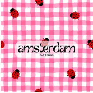Hand gezeichneter Marienkäfer nahtloses Muster PNG, rosa Gingham Digital Papier, niedlicher Cottagecore Marienkäfer Rapport, 12x12 Scrapbook Hintergrund