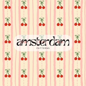 May include: A repeating pattern featuring red cherries with green stems and bows, set against a cream background with pink vertical stripes. The text "amsterdam PATTERNS" is displayed in a white oval.