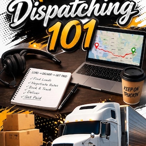 Pode incluir: Imagem promocional para expedição de caminhões. O título "Truck Dispatching 101" é exibido em texto grande e estilizado. Um laptop mostra um mapa, um bloco de notas lista tarefas e uma xícara de café diz "Keep on Truckin'. Um caminhão branco também é mostrado.