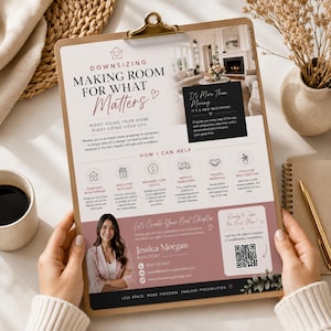 May include: A flyer on a clipboard titled Downsizing Making Room for What Matters. It features a photo of a living room, a portrait of Jessica Morgan, Realtor, contact details, a QR code, and text outlining services for home transitions.