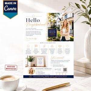 May include: A real estate marketing flyer featuring the text Hello Neighborhood, Jennifer Morgan Luxury Real Estate Advisor, and sections detailing services like buying, selling, and local expertise, alongside a photo of a person and a house.