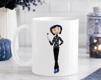 Coraline-Inspired Starry Sweater Mug, Blue Heart Coffee Cup (11oz)