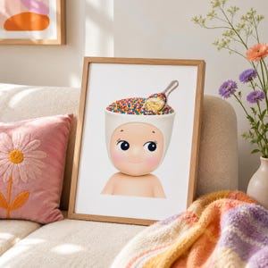 May include: A framed art print featuring a stylized character with a round, cream-colored head resembling a bowl filled with colorful round sprinkles. A small silver spoon rests in the sprinkles. The character has large dark eyes and pink cheeks.