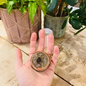 May include: A circular stone pendant with a copper wire edging, held in a hand. The stone has a mottled appearance with a dark central feature. Potted green plants are in the background, set on a wooden surface.