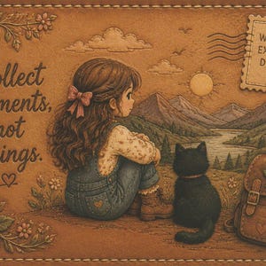 May include: A rectangular brown leather-like mat featuring an embossed illustration of a child and a black cat sitting before a mountain landscape. The text reads "Collect moments, not things." and "WANDER EXPLORE DREAM" on a postage stamp design.