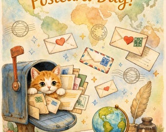 May include: Watercolor illustration with the text "Happy World Postcard Day!" features a ginger cat peeking out of a blue mailbox overflowing with postcards. Envelopes with hearts and stamps float around a world map.