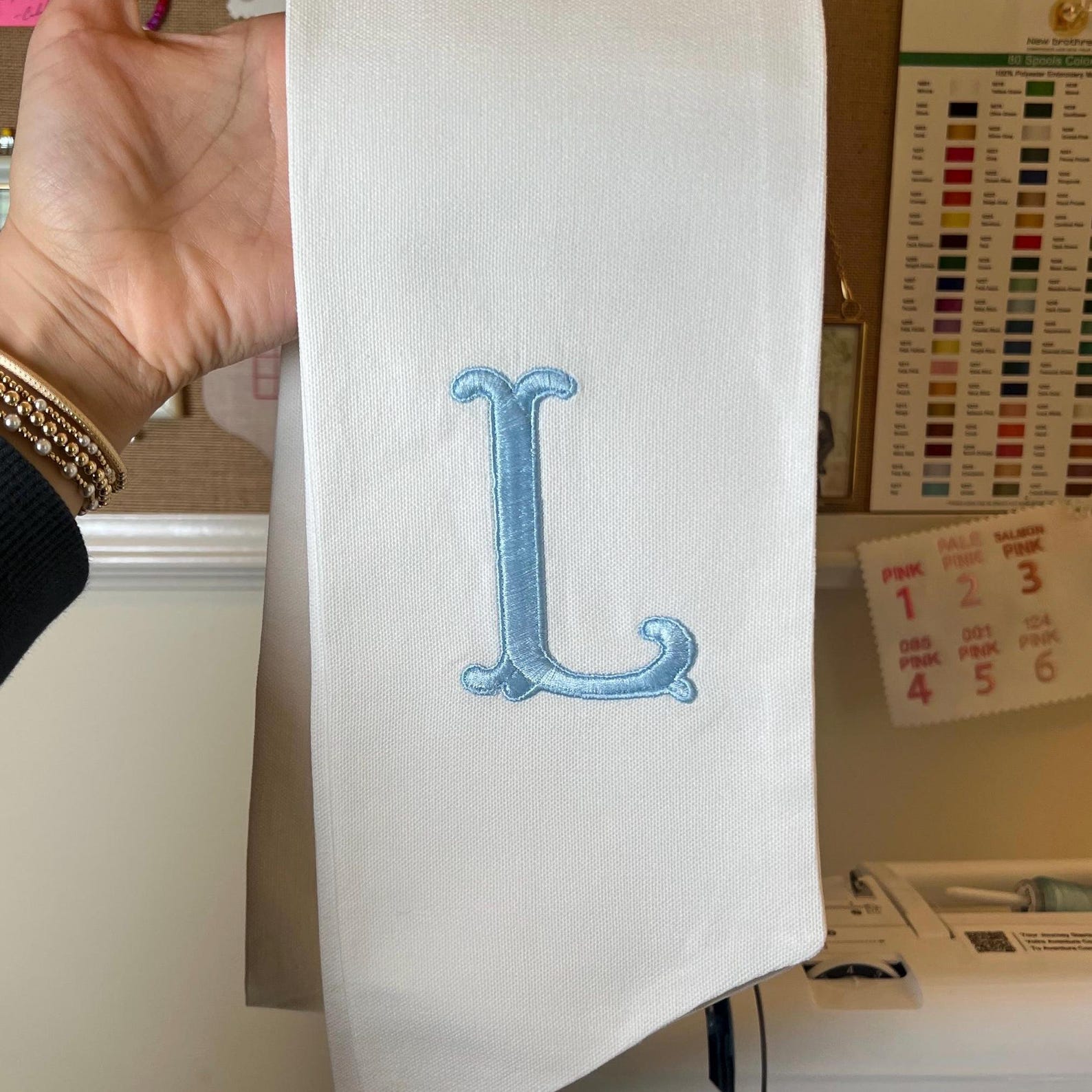 Embroidered Initial Wreath Sash - Font #1, L, baby blue