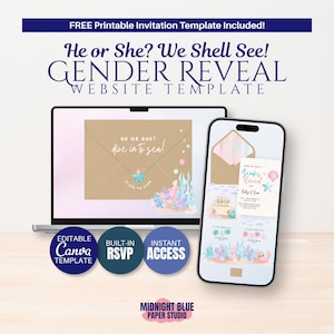 May include: A website template for a gender reveal party, displayed on a laptop and smartphone. The design features an invitation with an underwater theme, including coral, a starfish, and the text "He or She? We Shell See!" and "dive into sea!"