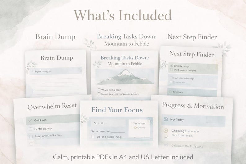 実行機能障害タスクスターターワークブック｜印刷可能なADHDプランニングページ、ブレインストーミングシート、次のステップワークシート 画像 2