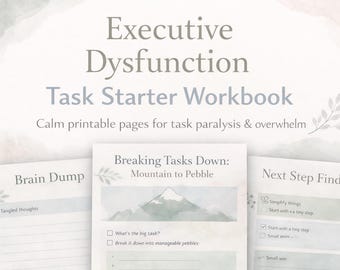 実行機能障害タスクスターターワークブック｜印刷可能なADHDプランニングページ、ブレインストーミングシート、次のステップワークシート