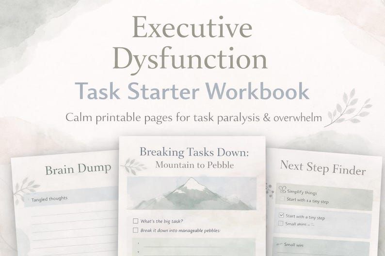 実行機能障害タスクスターターワークブック｜印刷可能なADHDプランニングページ、ブレインストーミングシート、次のステップワークシート 画像 1