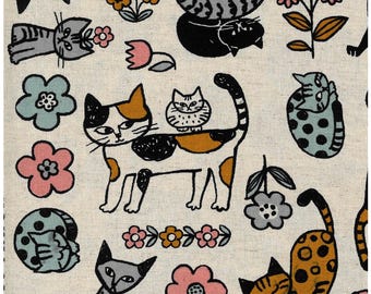 1 Yard Scandinavian Style Cats Cotton Linen Blend Canvas Fabric Multi, Kokka Japanese Import