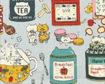 1 Yard Tea Cats Canvas Fabric in LIght Blue Cotton Linen Blend by Cotton Kobayashi