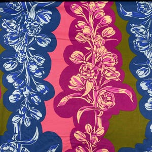 May include: A colorful fabric with a repeating pattern of pink, blue, and green floral designs. The flowers are stylized and have a retro feel.