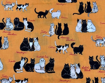 1 Yard Sitting Kitties Cats Cotton Fabric, Handworks Imported from Japan BTY, Orange