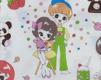 1 Yard Retro Kawaii Cotton Fabric with Cute Animals and Girls in White – Saori Oguchi, Imported from Japan