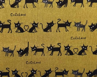 1 Yard Coco Land Cats Canvas Fabric, 80 Cotton 20 Linen, Imported from Japan, Small Kitties on Golden Mustard Cocoland by Kisa
