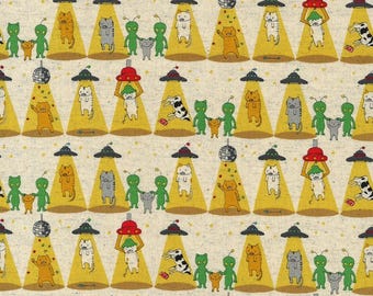 May include: A repeating pattern featuring cartoon cats, aliens, and cows being beamed up by UFOs. The UFOs have black saucers and red or silver lights. The background is a light beige color.