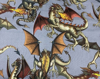 1 Yard Alexander Henry Tale of the Dragon Cotton Fabric Blue Grey