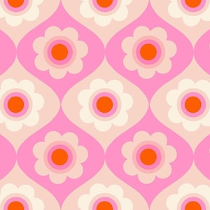 May include: A repeating pattern of stylized flowers in a retro style. The design features white, orange, and pink colors. The flowers are set against a pink background, creating a vibrant and eye-catching design.
