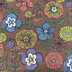 May include: A brown floral pattern featuring stylized flowers in various colors, including blue, pink, yellow, and purple. The flowers have detailed outlines and are set against a brown background, creating a vibrant and eye-catching design.