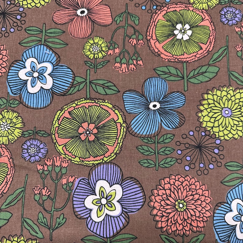 May include: A brown floral pattern featuring stylized flowers in various colors, including blue, pink, yellow, and purple. The flowers have detailed outlines and are set against a brown background, creating a vibrant and eye-catching design.