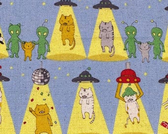 1 Yard Kitty Cats Alien Abduction Canvas Fabric in Gray - Cotton Linen Blend by Cotton Kobayashi