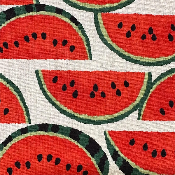 1 Yard Red Watermelons on Natural Cotton Linen Canvas Fabric by Sevenberry, Japanese Import