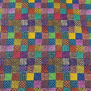 May include: A vibrant patchwork fabric with a repeating pattern of colorful squares. Each square is filled with a unique design in shades of red, yellow, green, blue, purple, and pink, creating a visually dynamic textile.