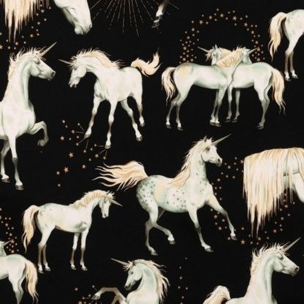 1 Yard Alexander Henry Stars of the Unicorn Cotton Fabric in Black,  Unicorn Fabric