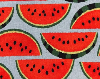 1 Yard Red Watermelons on Gray Cotton Linen Canvas Fabric by Sevenberry, Japanese Importt