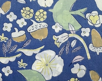 1 Yard Birds, Acorns, and Flowers Cotton Lawn Fabric by Hokkoh, Blue, Imported from Japan