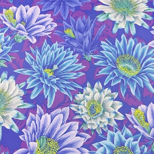 1 Yard Cactus Flower Blue Philip Jacobs for the Kaffe Fassett Collective Cotton Fabric, Free Spirit Fabrics