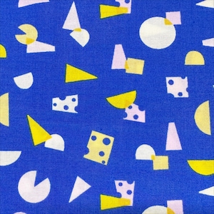 May include: A vibrant blue fabric with a repeating pattern of geometric shapes. The design includes yellow triangles, white semi-circles, and pink rectangles, creating a playful and modern aesthetic. The fabric is suitable for various craft projects.