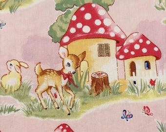 1 Yard Beginning of Story Retro Deer and Mushroom Houses Cotton Fabric in Pink, Un/No for Cosmo Textile