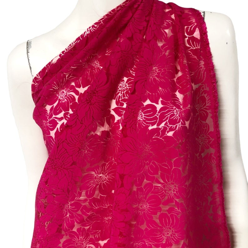 1 Yard Hot Pink Polyamid Viscose Blend Floral Burnout Fabric Deadstock Italian Luxury Fashion House image 3