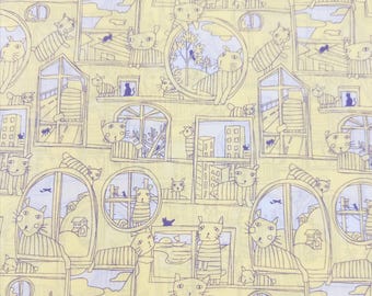 1 Yard Cats in Windows Cotton LAWN Fabric by Hokkoh, Pale Banana Yellow, Imported from Japan