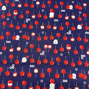 1 Yard Candy Apple Cotton DOBBY Fabric, Cosmo Textiles Imported from Japan BTY, Candies Apples Japanese Birds, Navy